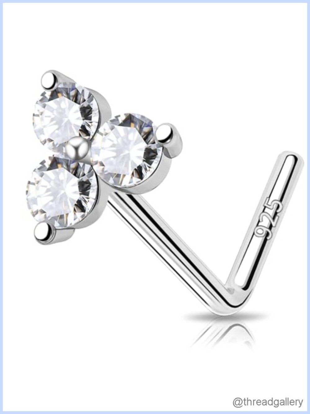 925 Sterling Silver L Shaped Nose Stud 20G Clear CZ Nostril Piercing